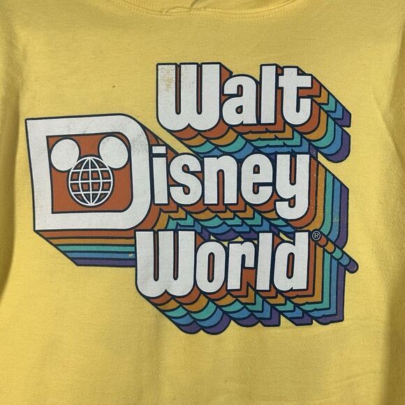 Disney Parks Walt Disney World Retro Rainbow Logo Yellow Hoodie Women's Medium - Picture 3 of 7